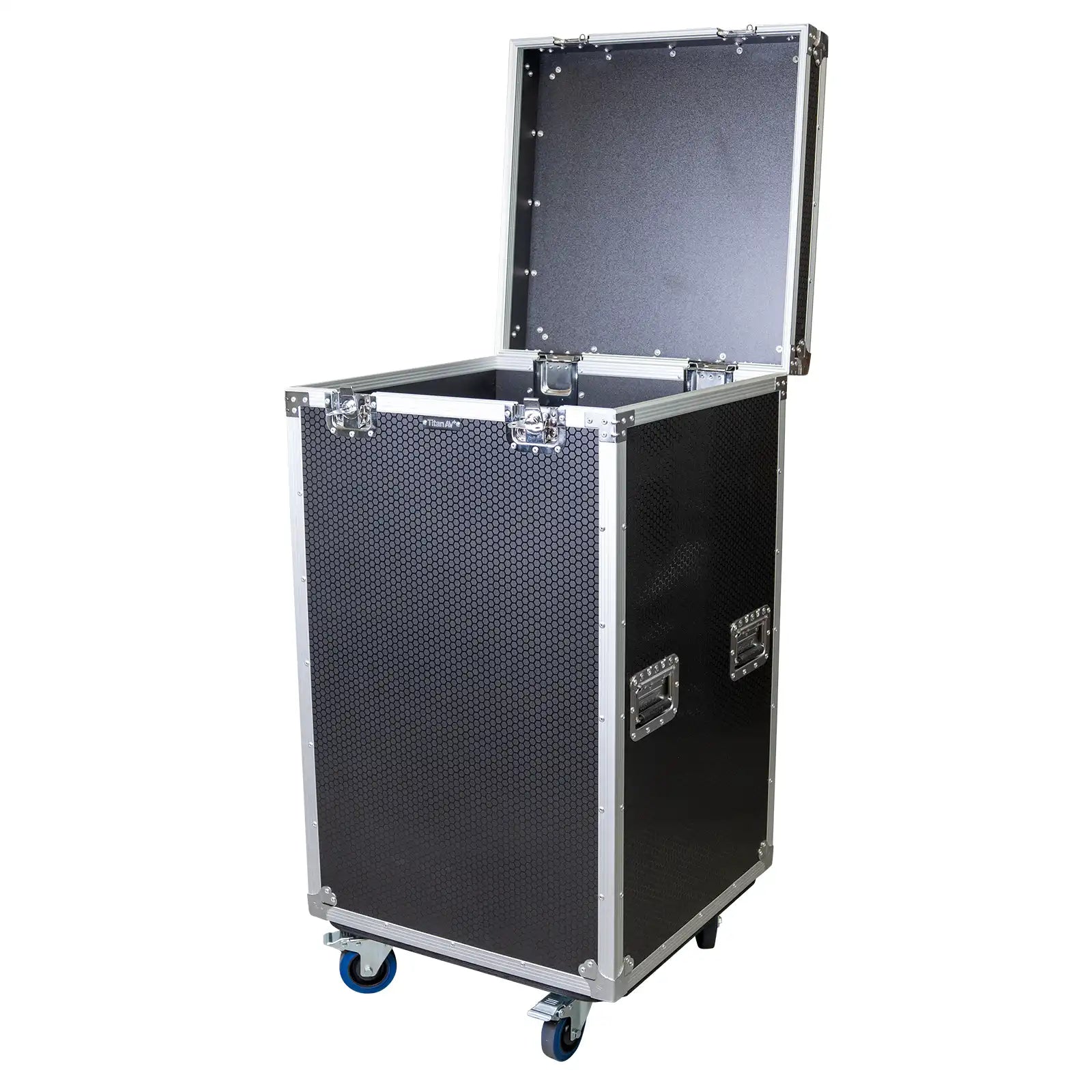 Lid open on the Titan AV Microphone Stand Road Case