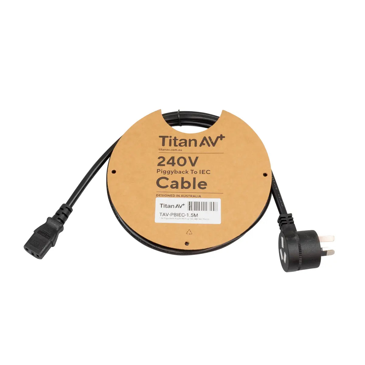 1.5m IEC power cable with piggy back plug connector, black, suitable for compact desk and rack setups