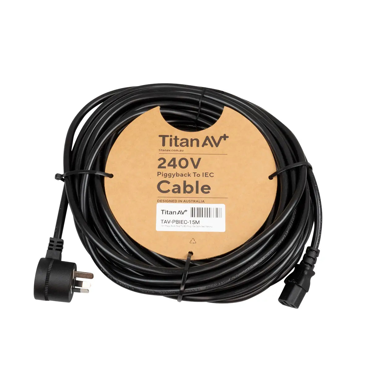 15m IEC power cable with piggy back plug, black kettle lead, festival and large outdoor event standard