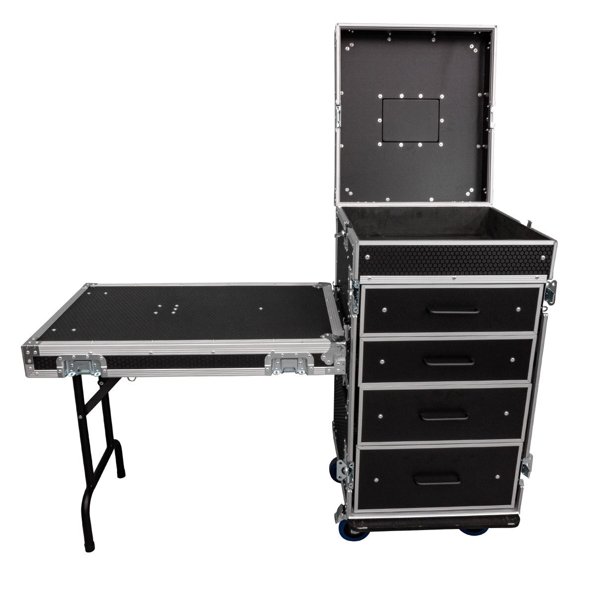 Unpacked view of our Workstation On Wheels with 4 Drawers, Top Storage & Table.