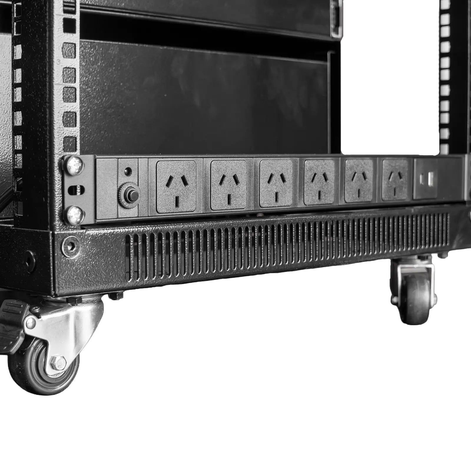 1RU 6 Way PDU with USB and USB-C Charging racked inside an open frame server rack