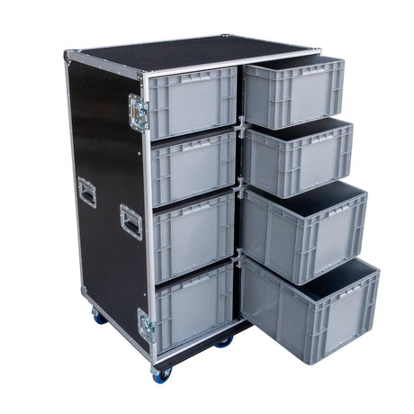 Interior olf the 8-Crate Mixed Storage Road Case showing the crates are removeable.