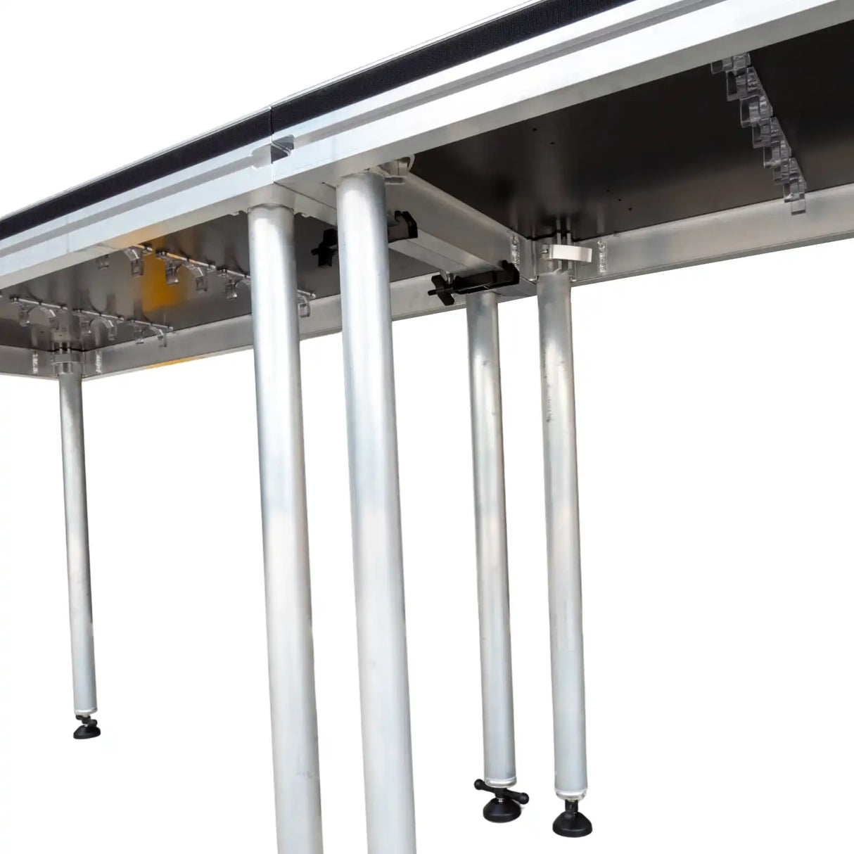 Underneath view of Stage Board Clamps securing 2 Portable DJ Tables to make one long DJ Table, 2.4m x 0.6m