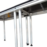 Underneath view of Stage Board Clamps securing 2 Portable DJ Tables to make one long DJ Table, 2.4m x 0.6m