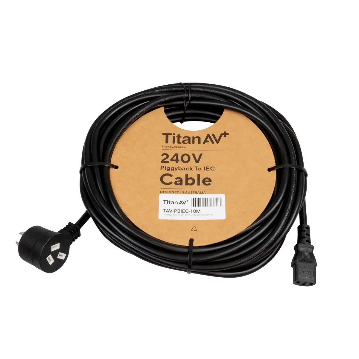 10m IEC power cable with piggy back plug, black kettle lead, warehouse and industrial AV installation
