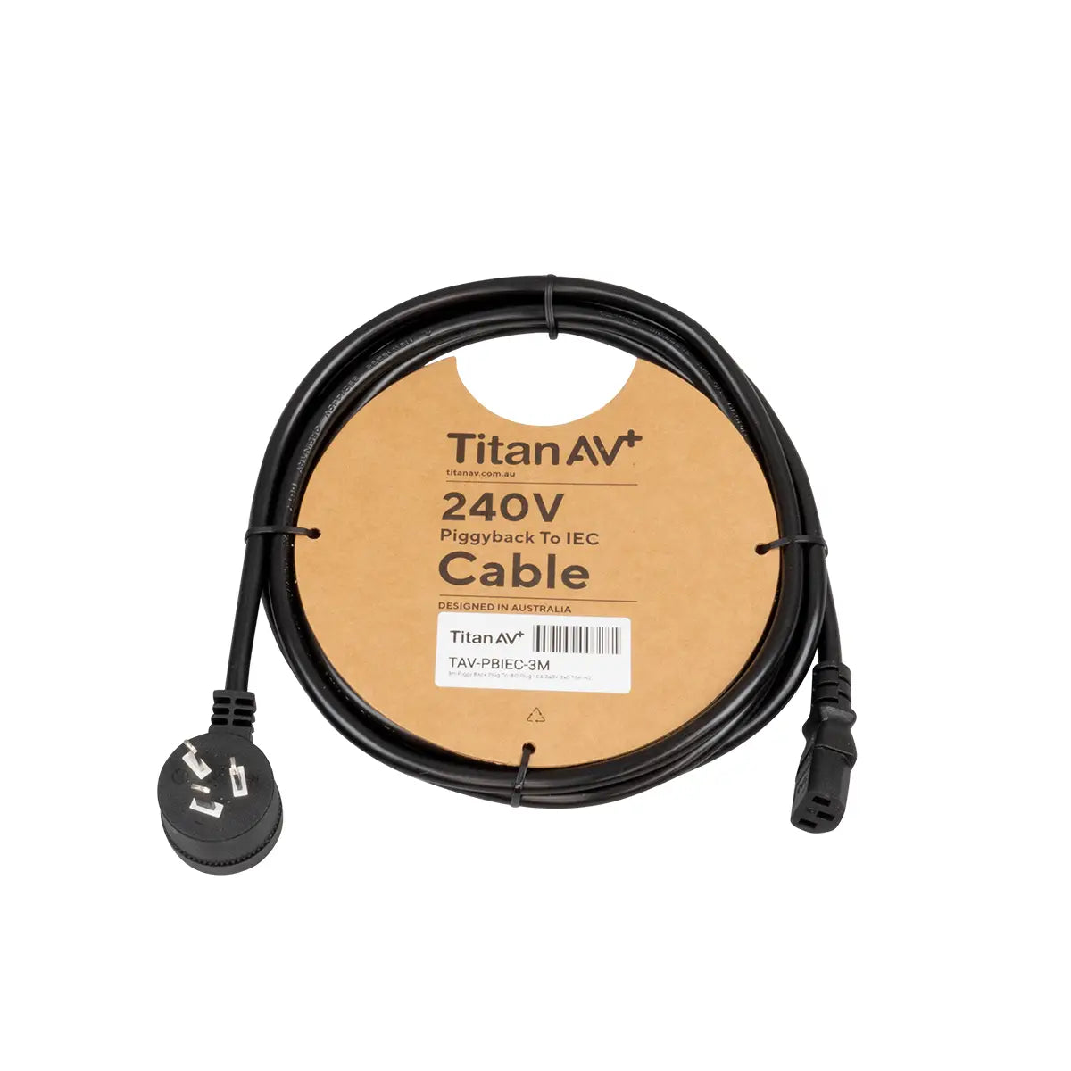 3m IEC power cable with piggy back plug connector, black kettle lead, suitable for conference and small venue installations
