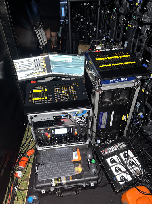 Backstage view of AV gear setup.