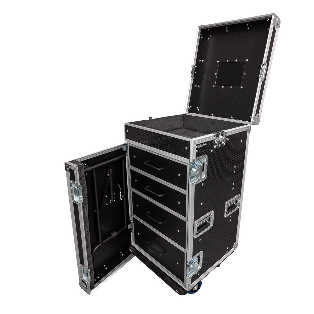 Open look of our Workstation On Wheels with 4 Drawers, Top Storage & Table.